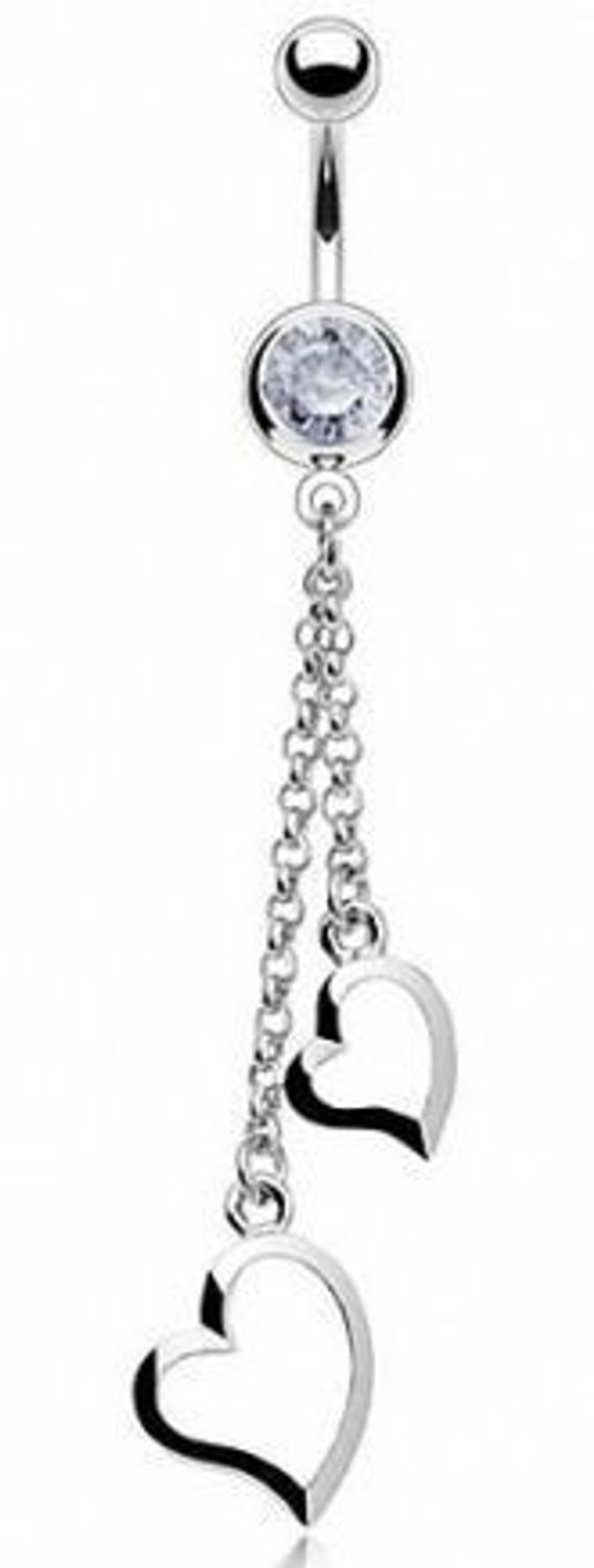 Kolczyk do pępka srebrny – kryształek i wiszące serduszka  Stal chirurgiczna.jpg